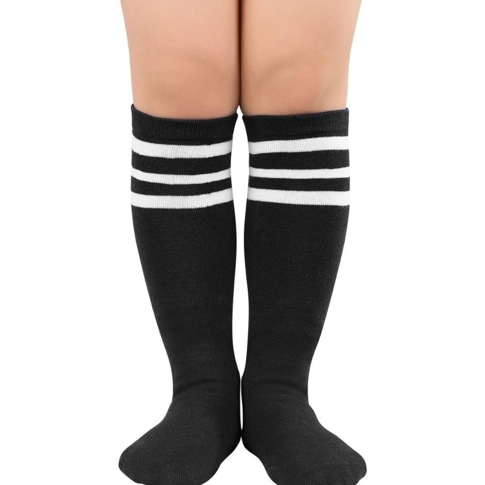Zando Soccer Socks Kids 3-6 Yrs Black NEW 2 Pack Knee High Striped Uniform